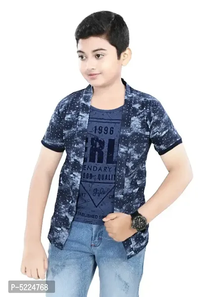SDS Fashion Boy's half Sleeve Cotton printed Round Neck T-Shirt with blue printed Jacket Shrug-thumb0