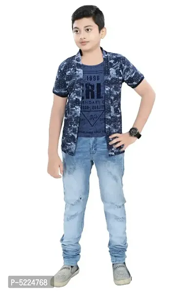 SDS Fashion Boy's half Sleeve Cotton printed Round Neck T-Shirt with blue printed Jacket Shrug-thumb4