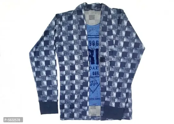 Boy's Full Sleeve Cotton Blue Printed T-Shirt with Checked Jacket Shrug and Navy Blue Ribs