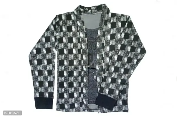 Boy's Full Sleeve Cotton Grey Printed T-Shirt with Checked Jacket Shrug and Black Ribs