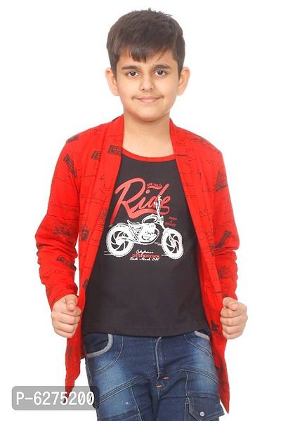 Boys Full Sleeve Cotton round neck Black Printed T-Shirt with attached Red printed Jacket Shrug-thumb0