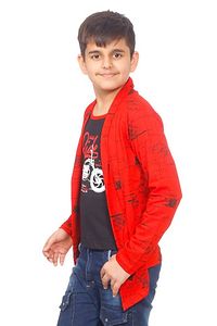 Boys Full Sleeve Cotton round neck Black Printed T-Shirt with attached Red printed Jacket Shrug-thumb1