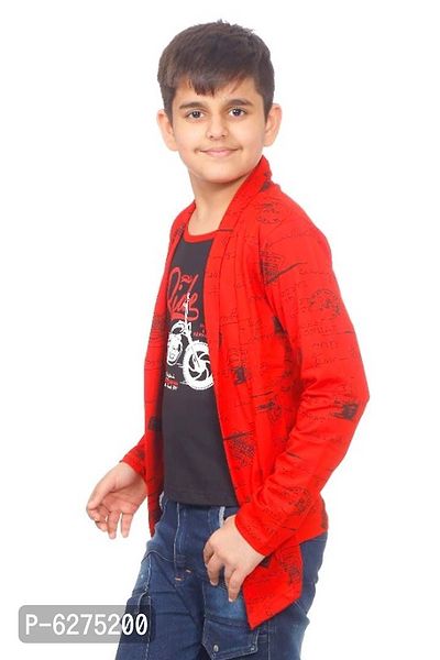 Boys Full Sleeve Cotton round neck Black Printed T-Shirt with attached Red printed Jacket Shrug-thumb2