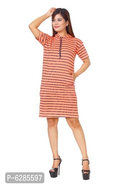 Women cotton peach striped hooded regular fit dress for dailywear, casual, office wear-thumb0