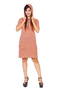 Women cotton peach striped hooded regular fit dress for dailywear, casual, office wear-thumb1