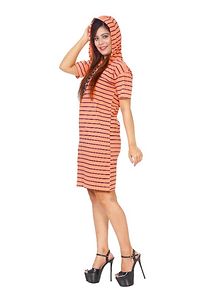 Women cotton peach striped hooded regular fit dress for dailywear, casual, office wear-thumb2