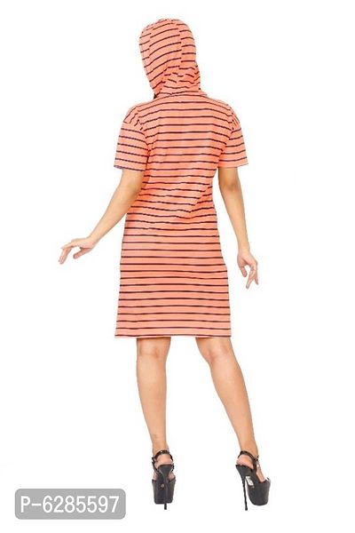 Women cotton peach striped hooded regular fit dress for dailywear, casual, office wear-thumb4