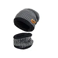 GUBBINS Woolen Cap and Winter Neck Warmer Wollen Scarf Set for Men and Women/Winter wear Woolen Stylish caps and Warm Neck Muffler Unisex Grey-thumb1