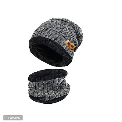 GUBBINS Woolen Cap and Winter Neck Warmer Wollen Scarf Set for Men and Women/Winter wear Woolen Stylish caps and Warm Neck Muffler Unisex Grey-thumb2