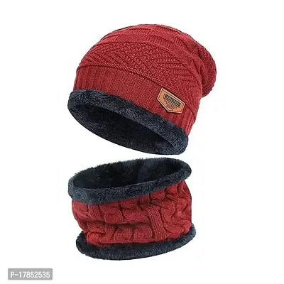 GUBBINS Winter Knit Beanie Woolen Cap Hat and Neck Warmer Scarf Set for Men  Women (RED)-thumb2