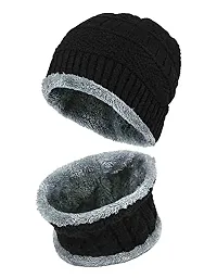 GUBBINS Woolen Cap and Winter Neck Warmer Wollen Scarf Set for Men and Women/Winter wear Woolen Stylish caps and Warm Neck Muffler Unisex Black-thumb1