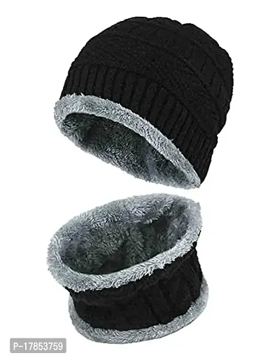 GUBBINS Woolen Cap and Winter Neck Warmer Wollen Scarf Set for Men and Women/Winter wear Woolen Stylish caps and Warm Neck Muffler Unisex Black-thumb2