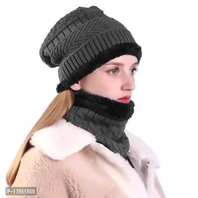 GUBBINS Woolen Cap and Winter Neck Warmer Wollen Scarf Set for Men and Women/Winter wear Woolen Stylish caps and Warm Neck Muffler Unisex Grey-thumb4