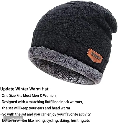 GUBBINS Winter Knit Beanie Woolen Cap Hat  Neck Warmer Scarf Set for Men  Women. (BLACK)-thumb3