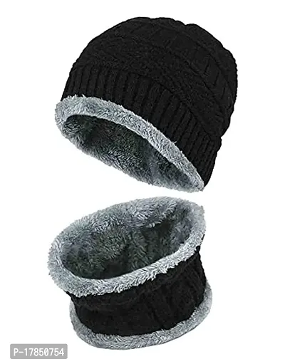 GUBBINS Winter Knit Beanie Woolen Cap Hat  Neck Warmer Scarf Set for Men  Women. (BLACK)-thumb2