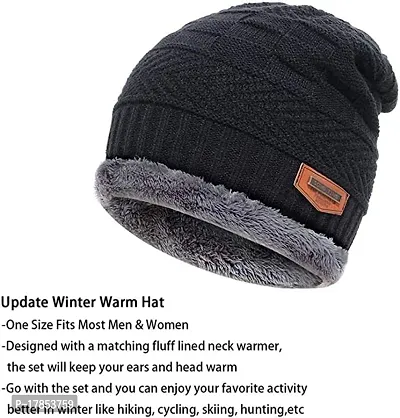 GUBBINS Woolen Cap and Winter Neck Warmer Wollen Scarf Set for Men and Women/Winter wear Woolen Stylish caps and Warm Neck Muffler Unisex Black-thumb3