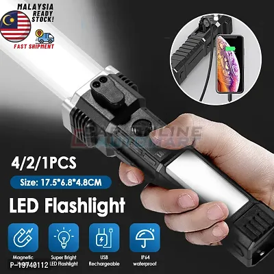 Rechargeable Torch Flashlight Long Distance Beam Range, Car Rescue Torch With Hammer Window Glass And Seat Belt Cutter Built In Mobile USB Fast Charger Power Bank-thumb3