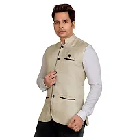 Kokal Beige Men's Jute Waistcoat | Modi Jacket | Nehru Jacket for Men Stylish Bandhgala Sleeveless Regular Fit for Festive, Casual, or Occasional (Size-M)-thumb3