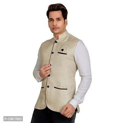 Kokal Beige Men's Jute Waistcoat | Modi Jacket | Nehru Jacket for Men Stylish Bandhgala Sleeveless Regular Fit for Festive, Casual, or Occasional (Size-M)-thumb4