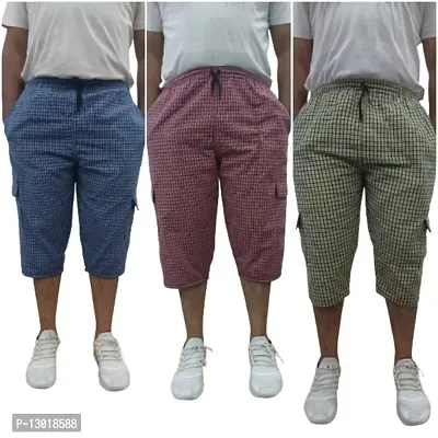 Men's Cotton Checkered Printed Three Fourth Capri Shorts (XL, Red : Blue : Yellow)
