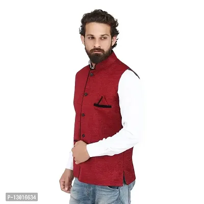 Kokal Red Men's Jute Waistcoat | Modi Jacket | Nehru Jacket for Men Stylish Bandhgala Sleeveless Regular Fit for Festive, Casual, or Occasional (Size-S)-thumb2