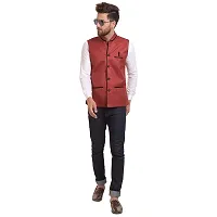 Kokal Maroon Men's Jute Regular Fit Sleeveless Solid Nehru Jacket (Size-XXL)-thumb2