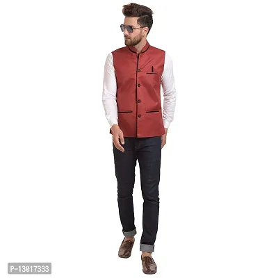 Kokal Maroon Men's Jute Regular Fit Sleeveless Solid Nehru Jacket (Size-XXL)-thumb3