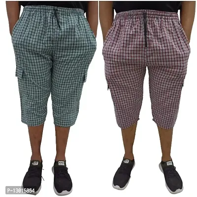Blended Men's Cotton Checkered Printed Three Fourth Capri Shorts, Colors Green Red (Size XL)
