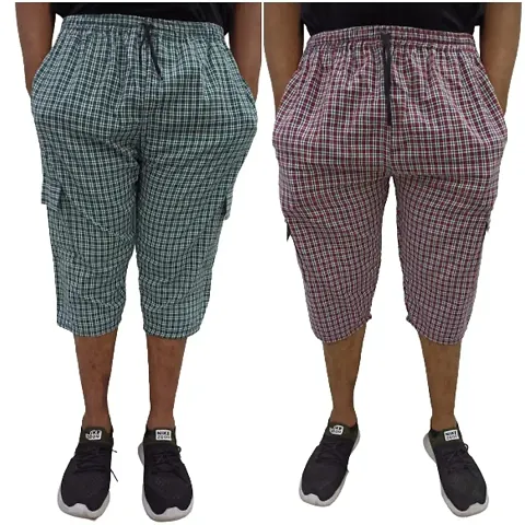 Blended Men's Cotton Checkered Printed Three Fourth Capri Shorts Pack of Two