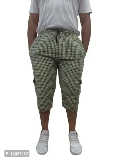 Men's Cotton Checkered Printed 3/4 Capri, Shorts Color Yellow- Size-2XL