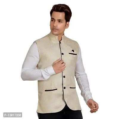 Kokal Beige Men's Jute Waistcoat | Modi Jacket | Nehru Jacket for Men Stylish Bandhgala Sleeveless Regular Fit for Festive, Casual, or Occasional (Size-XL)-thumb3