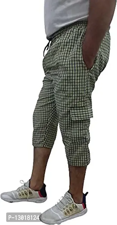 Generic Men's Cotton Checkered Printed Three Fourth Capri Shorts, Colors (Green XXL,Size )-thumb3
