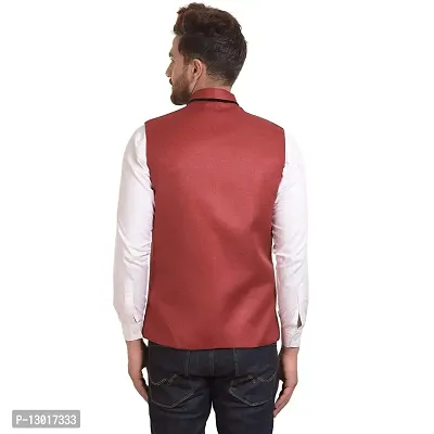 Kokal Maroon Men's Jute Regular Fit Sleeveless Solid Nehru Jacket (Size-XXL)-thumb2