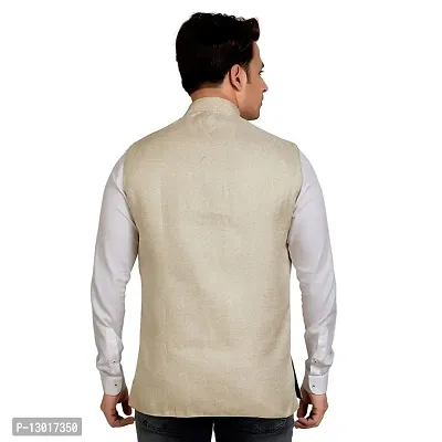Kokal Beige Men's Jute Waistcoat | Modi Jacket | Nehru Jacket for Men Stylish Bandhgala Sleeveless Regular Fit for Festive, Casual, or Occasional (Size-XL)-thumb2
