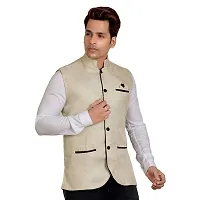 Kokal Beige Men's Jute Waistcoat | Modi Jacket | Nehru Jacket for Men Stylish Bandhgala Sleeveless Regular Fit for Festive, Casual, or Occasional (Size-M)-thumb2