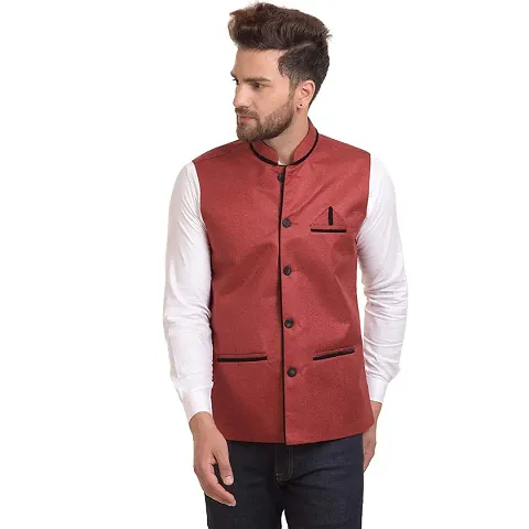 Kokal Men's Jute Regular Fit Sleeveless Solid Nehru Jacket (Size-M)