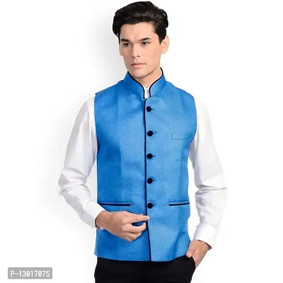 Kokal Royal Blue Men's Jute Waistcoat | Modi Jacket | Nehru Jacket for Men Stylish Bandhgala Sleeveless Regular Fit for Festive, Casual, or Occasional-thumb0