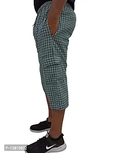Blended Men's Cotton Checkered Printed Three Fourth Capri Shorts, Colors Green Blue (Size XXL)-thumb3