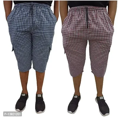 Men's Cotton Checkered Printed 3/4 Capri, Shorts,Red,Blue, Size-XL (Pack-of -2) Regular Fit