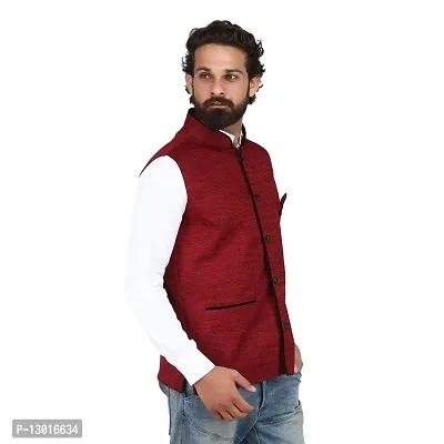 Kokal Red Men's Jute Waistcoat | Modi Jacket | Nehru Jacket for Men Stylish Bandhgala Sleeveless Regular Fit for Festive, Casual, or Occasional (Size-S)-thumb3