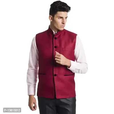 Kokal Jute Red Ethnic Nehru Jacket Size-S
