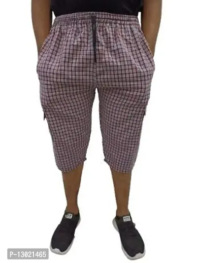 Men's Cotton Checkered Printed 3/4 Capri, Shorts Color Red- Size-XL