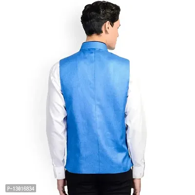 Kokal Royal Blue Men's Jute Waistcoat | Modi Jacket | Nehru Jacket for Men Stylish Bandhgala Sleeveless Regular Fit for Festive, Casual, or Occasional (Size-L)-thumb2