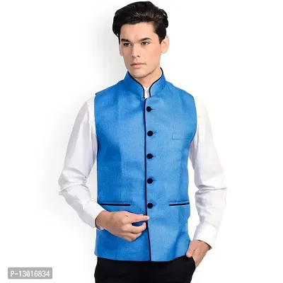 Kokal Royal Blue Men's Jute Waistcoat | Modi Jacket | Nehru Jacket for Men Stylish Bandhgala Sleeveless Regular Fit for Festive, Casual, or Occasional (Size-L)-thumb0