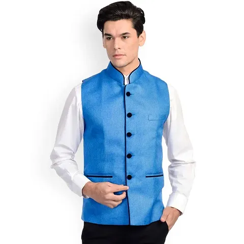 Kokal Royal Blue Men's Jute Waistcoat | Modi Jacket | Nehru Jacket for Men Stylish Bandhgala Sleeveless Regular Fit for Festive, Casual, or Occasional
