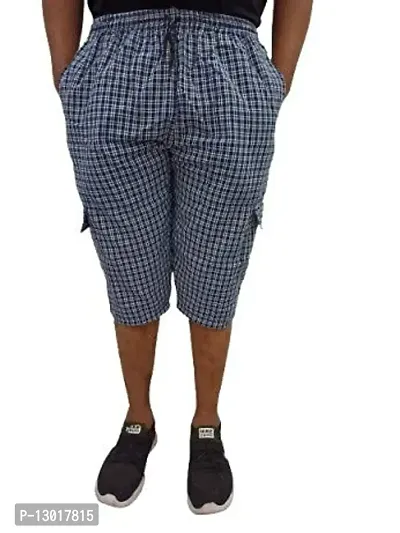 Men's Cotton Checkered Printed 3/4 Capri, Shorts Color Blue- Size-XL-thumb0
