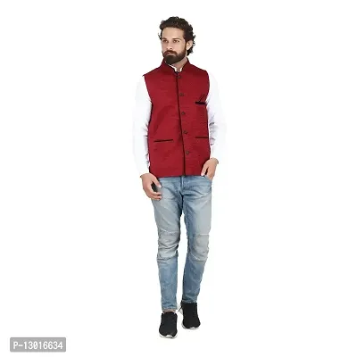 Kokal Red Men's Jute Waistcoat | Modi Jacket | Nehru Jacket for Men Stylish Bandhgala Sleeveless Regular Fit for Festive, Casual, or Occasional (Size-S)-thumb4