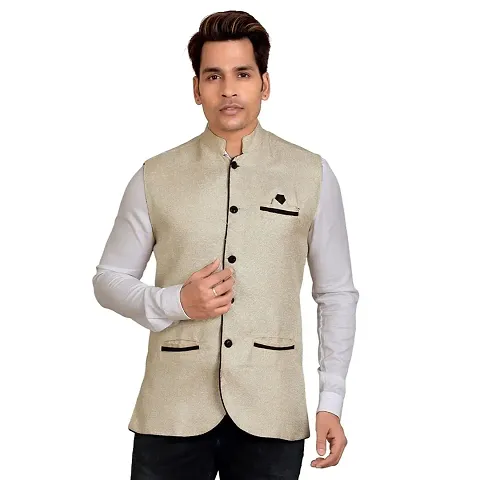 Kokal Beige Men's Jute Waistcoat | Modi Jacket | Nehru Jacket for Men Stylish Bandhgala Sleeveless Regular Fit for Festive, Casual, or Occasional
