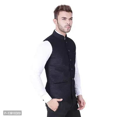 Kokal Black Men's Jute Waistcoat | Modi Jacket | Nehru Jacket for Men Stylish Bandhgala Sleeveless Regular Fit for Festive, Casual, or Occasional (Size-S)-thumb3