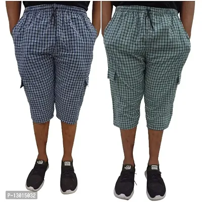 Blended Men's Cotton Checkered Printed Three Fourth Capri Shorts, Colors Green Blue (Size XXL)
